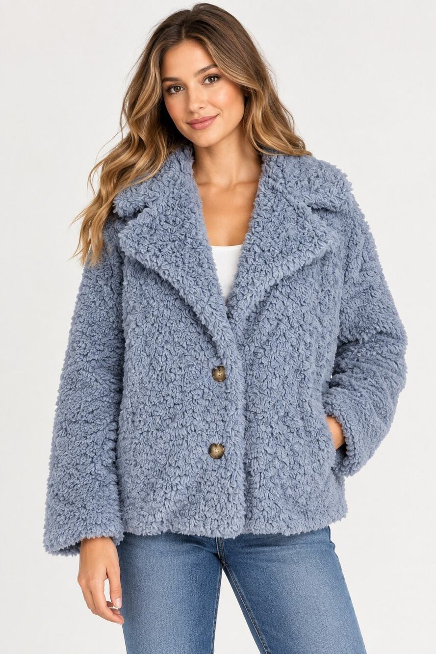 Aritzia Wilfred Free Teddy Dusty Blue Cotton Blend Jacket Coat Large